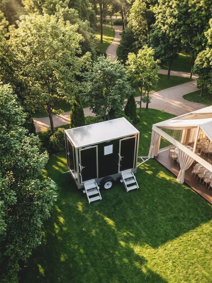 Restroom trailer positioned beside a garden and outdoor deck