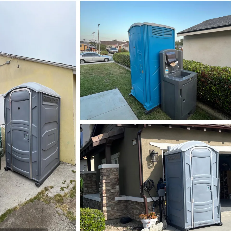 Photo collage showing portable toilet exteriors and an interior